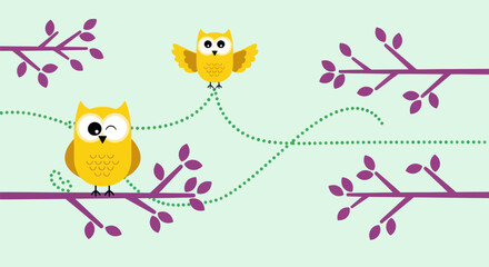 Cartoon illustration of two owls on stylized tree branches