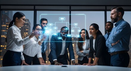 Diverse team collaborating on a digital flowchart in a modern office with city view at night