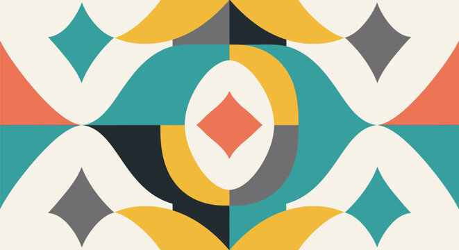 Geometric pattern of interlocking shapes in teal, orange, yellow, gray, black and cream colors