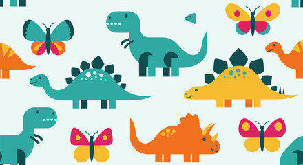 Colorful pattern with geometric dinosaurs and butterflies on light background © masiku