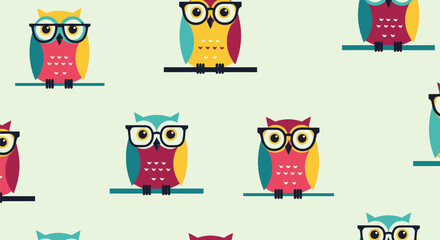 Owls with glasses on branches © masiku