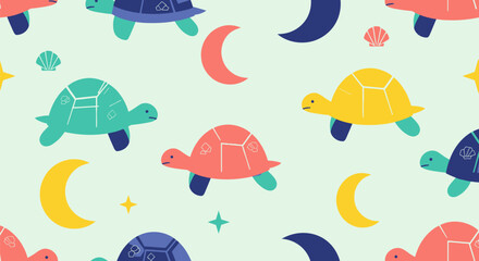 Colorful turtle pattern with shells, stars, and moons on a light green background