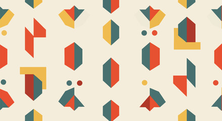 Geometric pattern with shapes in muted yellow, red, and teal on a beige background. Retro styled