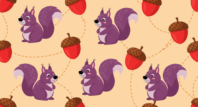 Repeating pattern with purple squirrels and red acorns on beige background