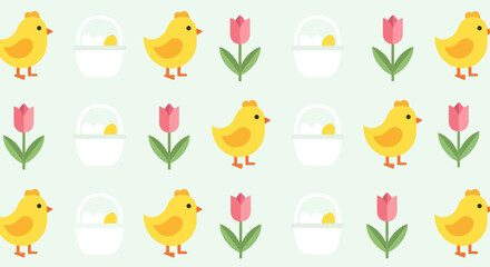 Repeating pattern chicks, tulip flowers, baskets, eggs on light green