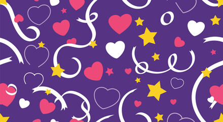 Purple background with hearts, stars, and white ribbons