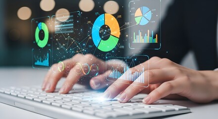 Person typing on a keyboard with digital data visualizations overlayed on the screen and hands