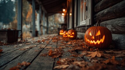 Obraz premium Halloween pumpkin lanterns glowing on rustic wooden porch autumn leaves scattered cozy seasonal photography background