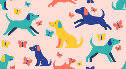 Seamless pattern with stylized dogs and butterflies on a light background