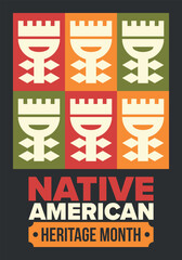 Native American Heritage Month in November. American Indian culture. Celebrate annual in United States. Tradition pattern. Poster, card, banner and background. Vector ornament, illustration