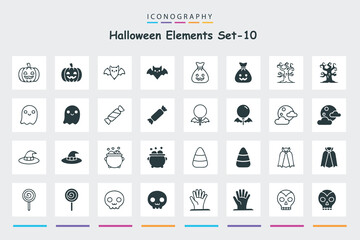 Halloween icon set solid and outline spooky pumpkin skull bat spider web design Set 10