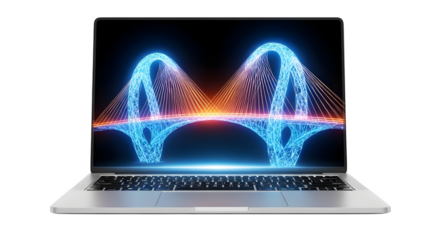Laptop displaying a digital bridge with blue and orange lights on a black background screen