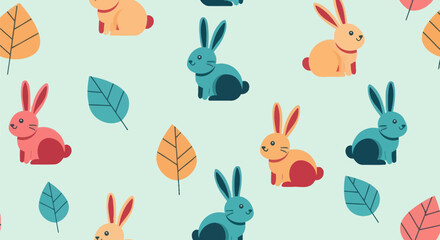 Colorful bunny & leaf pattern on a pale blue background