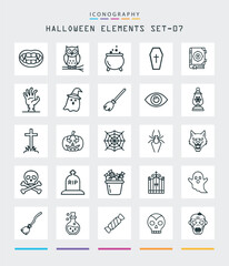 Halloween icon set outline line style pumpkin ghost skull bat cauldron vector art Set 07
