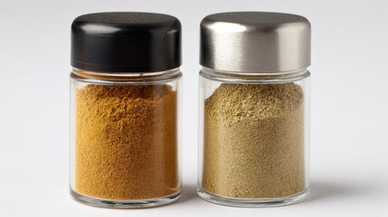 Two glass spice jars filled with golden and brown spices on neutral background