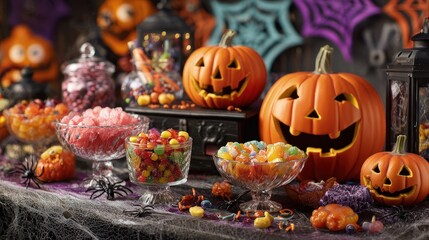 Halloween party table with carved pumpkins candy bowls spider webs festive mood colorful decorations photography style