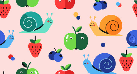 Pattern of smiling snails, apples, strawberries, blueberries on pink