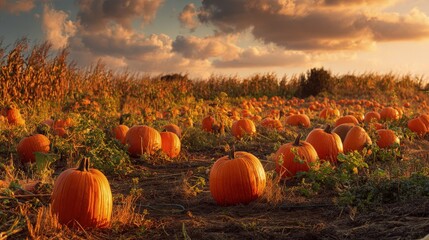 Pumpkin Patch Sunset Rows of ripe pumpkins bathed in golden sunset light await pickers during Halloween season