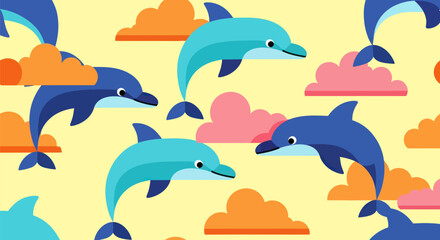 Repeating pattern with stylized dolphins & clouds on yellow backdrop