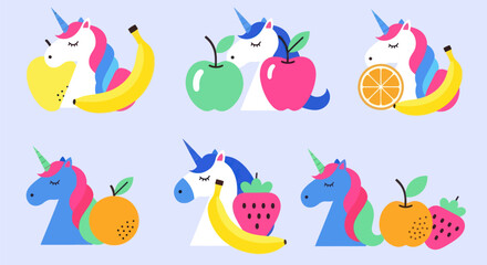 Cartoon unicorns with fruit, set against a lavender background