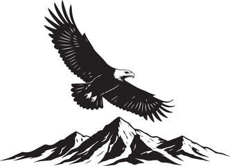 black vector of soaring eagle over mountain in silhouette 