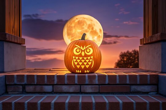 Spooky halloween jack-o'-lantern with owl carving illuminated by a full moon dusk sky