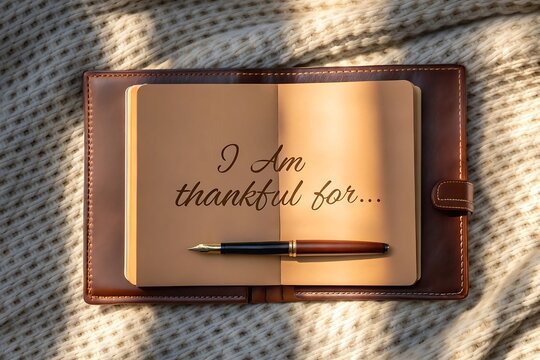 Open journal with i am thankful for text and pen bathed in warm sunlight on a textured surface