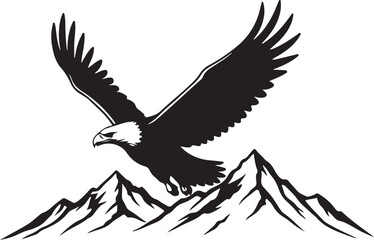 black vector of soaring eagle over mountain in silhouette 