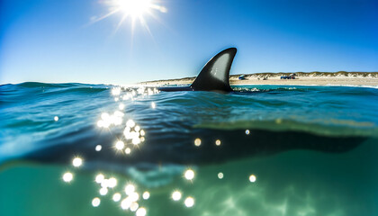 Fototapeta premium Cinematic shark fin emerging from ocean waves near sunny beach. Realistic light, blue sky, summer vibe. Thriller posters, travel ads, danger awareness visuals, hero headers, and wallpapers.