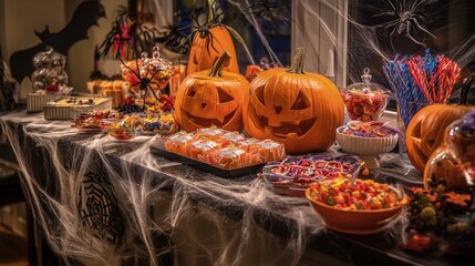 Halloween party table with carved pumpkins candy bowls spider webs festive mood colorful decorations photography style