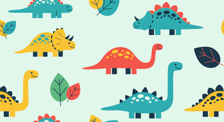 Dinosaur pattern assorted color dinosaurs, various plants on light green © masiku