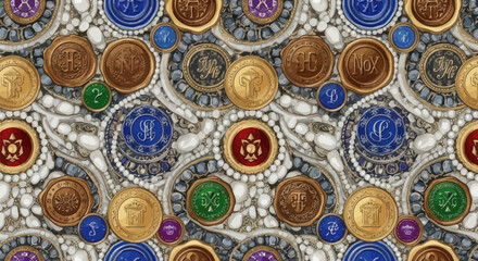 Ornate arrangement of colorful wax seals and pearls on a textured backdrop