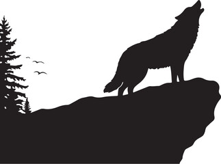 black vector of howling wolf on cliff in sihouette