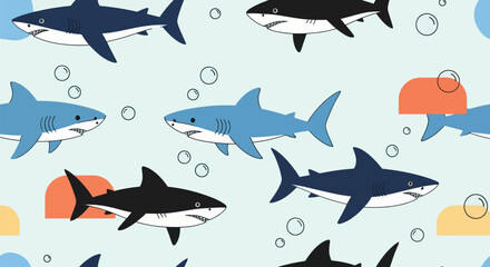 Sharks swim in repeating pattern with bubbles and semi-circular shapes