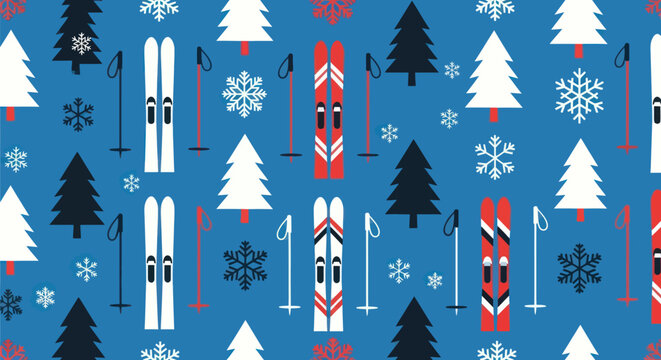 Winter pattern with skis, poles, trees, snowflakes on a blue background