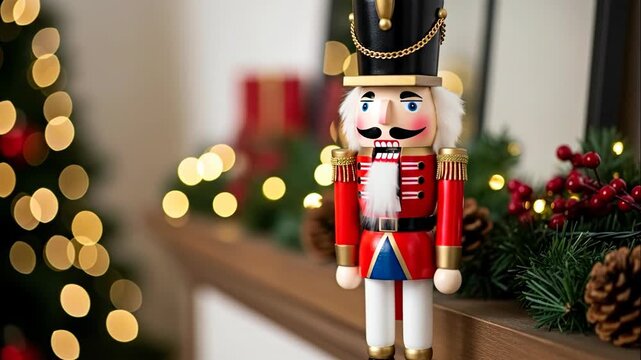 Holiday nutcracker doll in red uniform standing on a shelf with christmas tree lights, decorative berries, and gifts.