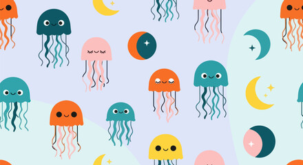 Whimsical jellyfish & moon pattern on pale blue backdrop