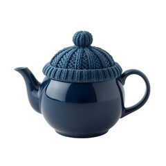 A dark blue ceramic teapot with a navy blue knitted cozy, isolated on transparent background