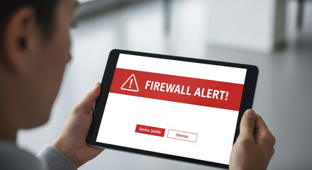 Man viewing a firewall alert on a tablet. Concept of cybersecurity and personal data protection for digital device safety. Internet secure.