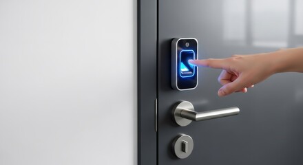 Woman pressing blue biometric scanner on door for security access. Futuristic personal data protection and smart home technology concept.