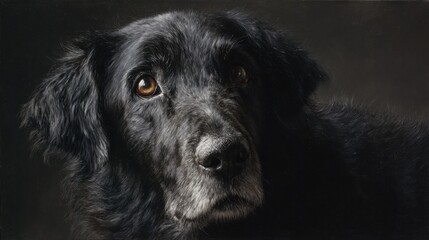 A black dog looks directly at the viewer capturing attention with its expressive soulful eyes. The soft diffused light highlights its fur conveying warmth and loyalty.