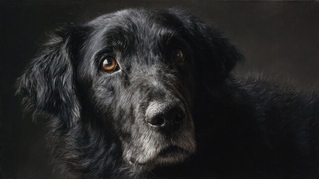 A black dog looks directly at the viewer capturing attention with its expressive soulful eyes. The soft diffused light highlights its fur conveying warmth and loyalty.