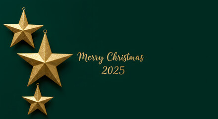 Fototapeta premium Merry Christmas Card with a Golden Star Decoration on a Dark Green Background for Celebration