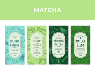 Four unique matcha product labels are displayed in an engaging vector format. Each label highlights different matcha types, showcasing their uses and packaging details that appeal to tea enthusiasts.