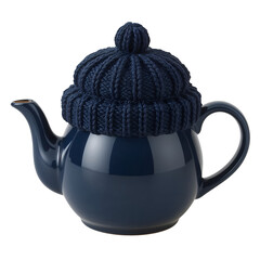 A dark blue ceramic teapot with a navy blue knitted cozy, isolated on transparent background