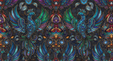 Symmetrical phoenix stained-glass pattern