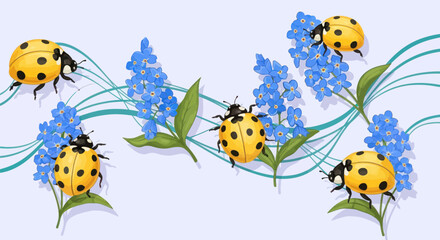 Yellow ladybugs and blue forget-me-nots, teal lines on light backdrop