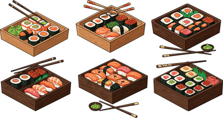 Delicious sushi bento box, Japanese food assortment, fresh seafood rolls, traditional Asian cuisine, gourmet sushi illustration