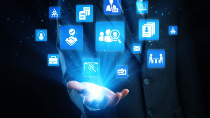 Job search icons show recruitment, HR management, and employee career growth. Job search helps organizations hire talent, job search supports skills, and job search improves workforce. Gist