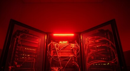 Alert sign on server rack with red light. Data center under attack concept, internet security breach or system failure. Cybersecurity threat background.